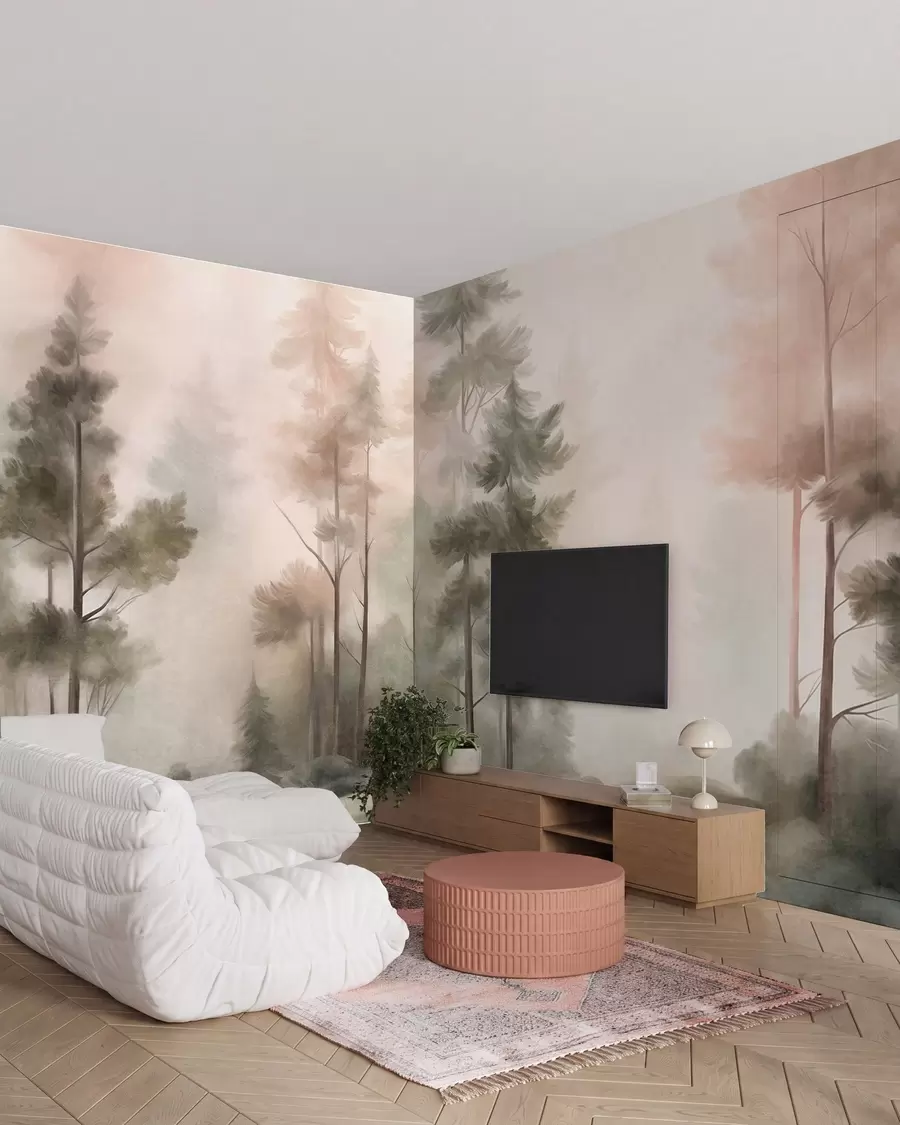 Carta da parati nature Bosco ricco di texture con alti pini dai toni del verde e del rosa, avvolto da una leggera nebbia 