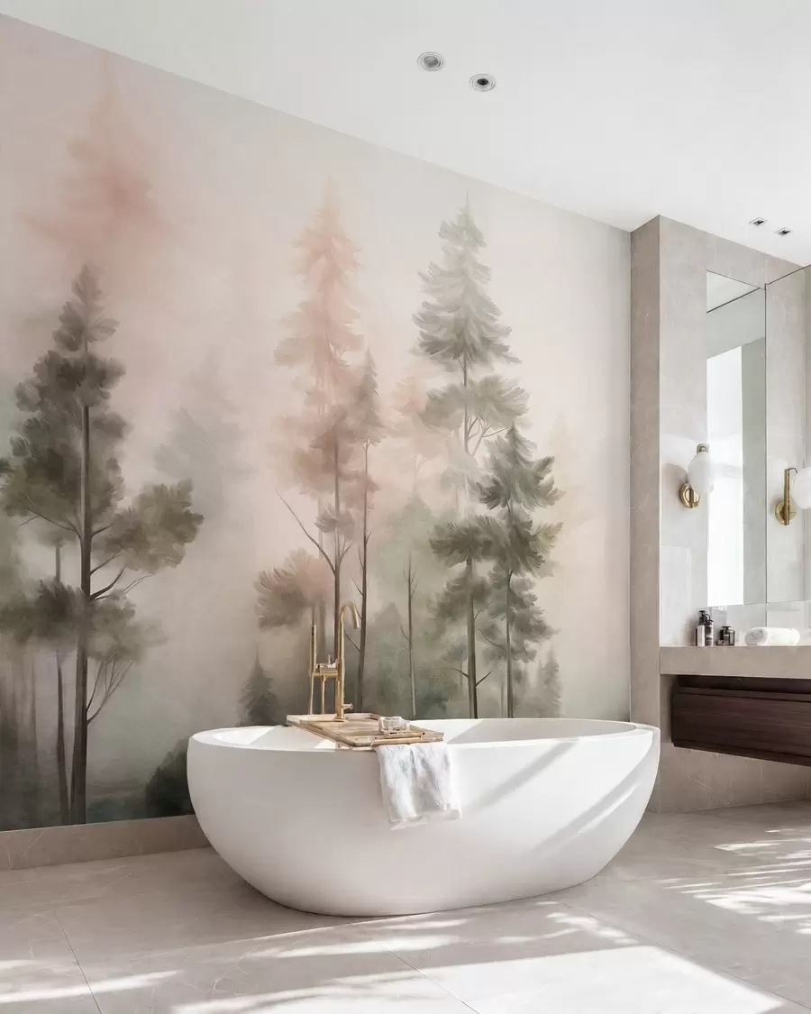 Carta da parati nature Bosco ricco di texture con alti pini dai toni del verde e del rosa, avvolto da una leggera nebbia 