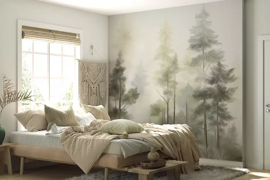 Carta da parati nature Bosco ricco di texture con alti pini dai toni del verde e del giallo, avvolto da una leggera nebbia 