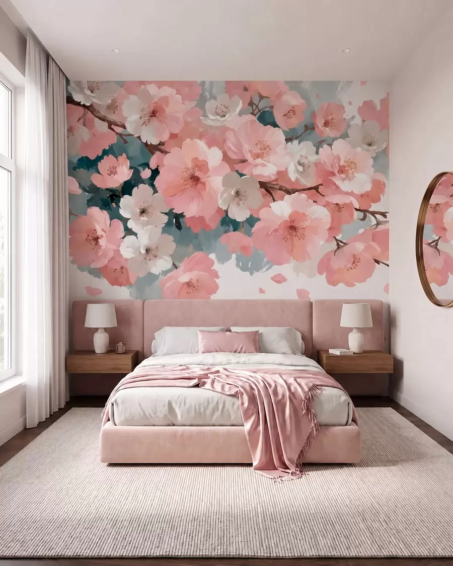carta da parati Fiori di ciliegio in fiore, con fiori rosa e bianchi, in stile pittura a olio nr. w09912