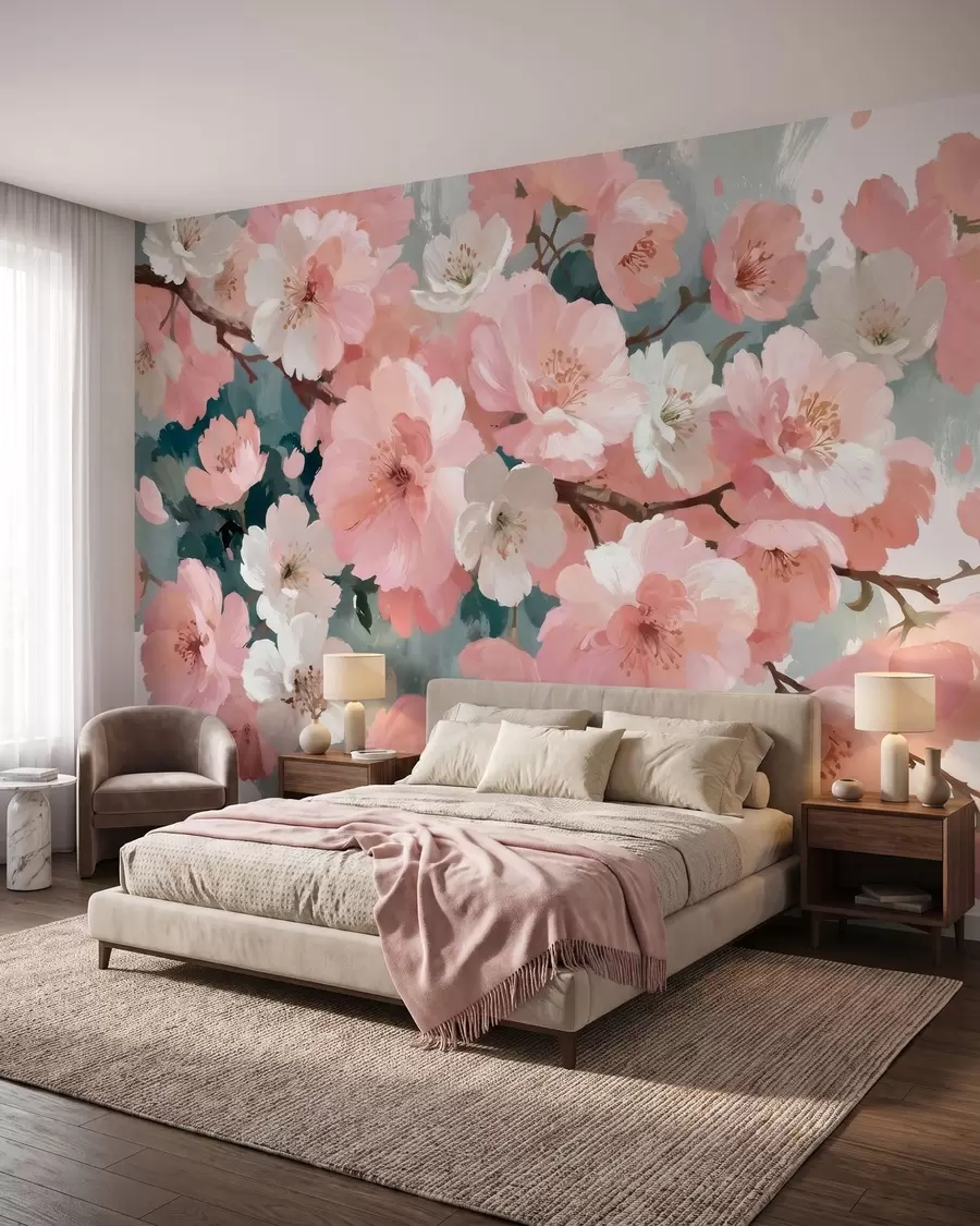 carta da parati Fiori di ciliegio in fiore, con fiori rosa e bianchi, in stile pittura a olio nr. w09912