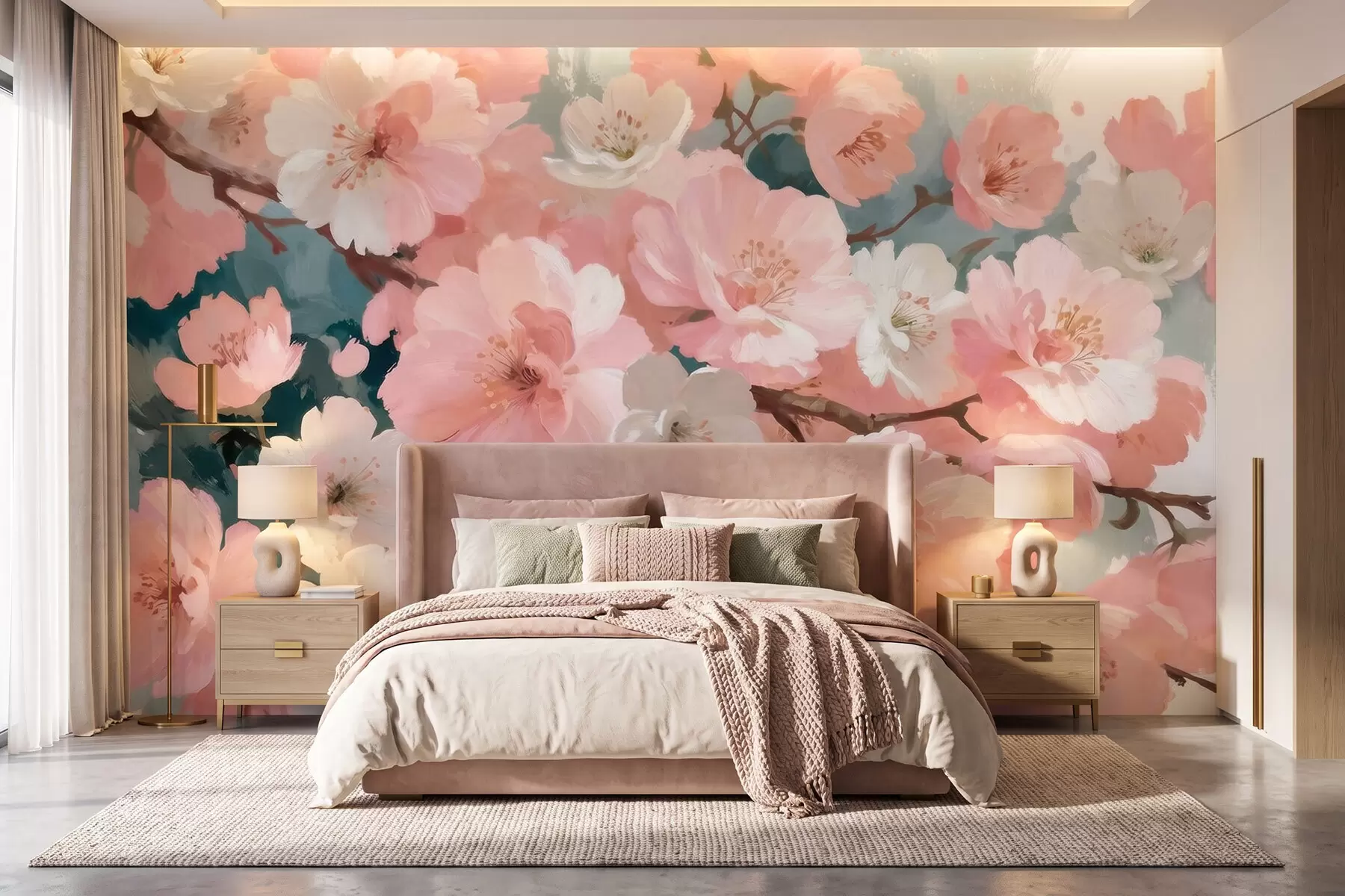 carta da parati Fiori di ciliegio in fiore, con fiori rosa e bianchi, in stile pittura a olio nr. w09912
