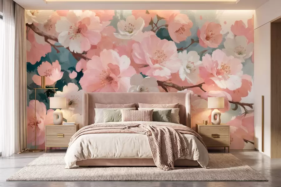 carta da parati Fiori di ciliegio in fiore, con fiori rosa e bianchi, in stile pittura a olio nr. w09912
