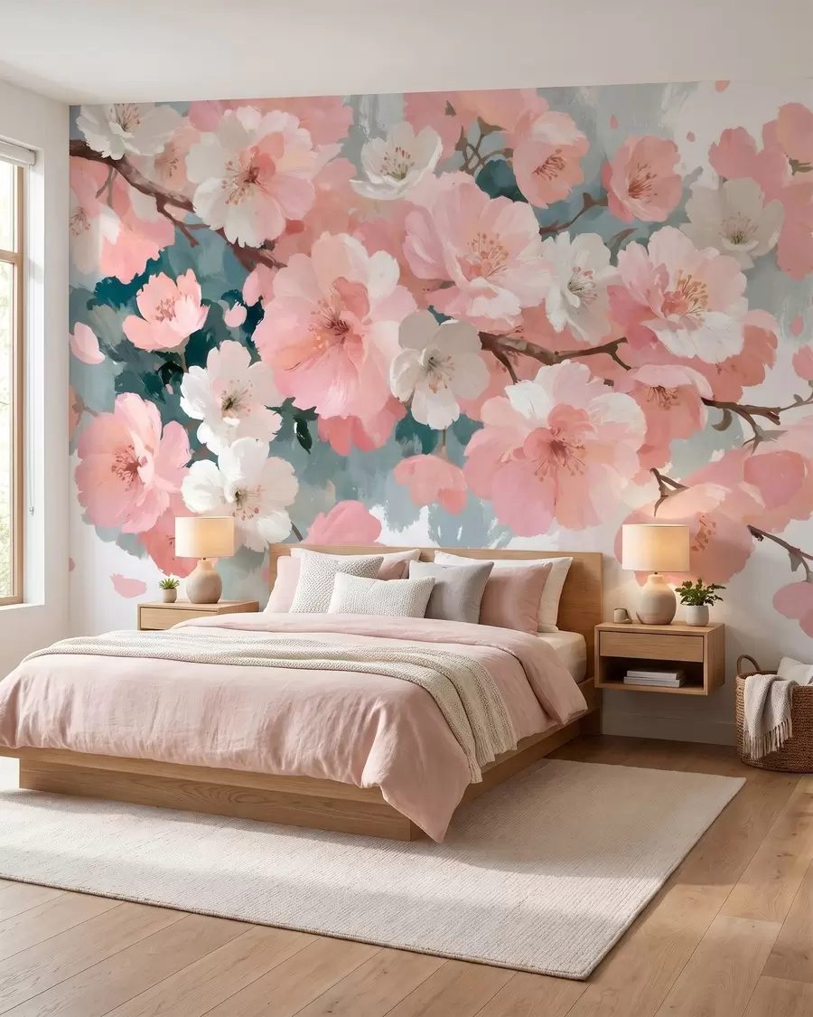 carta da parati Fiori di ciliegio in fiore, con fiori rosa e bianchi, in stile pittura a olio nr. w09912