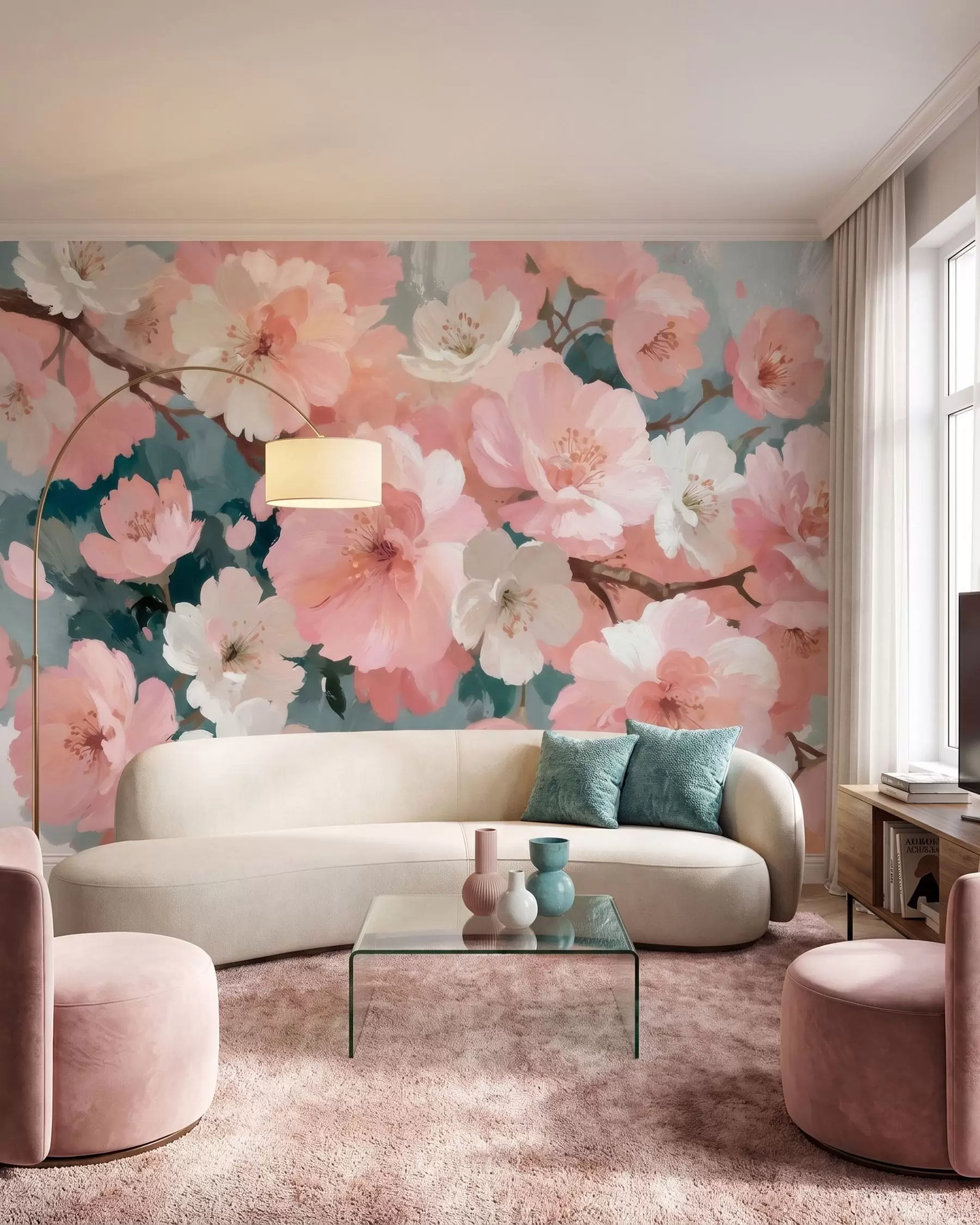 carta da parati Fiori di ciliegio in fiore, con fiori rosa e bianchi, in stile pittura a olio nr. w09912