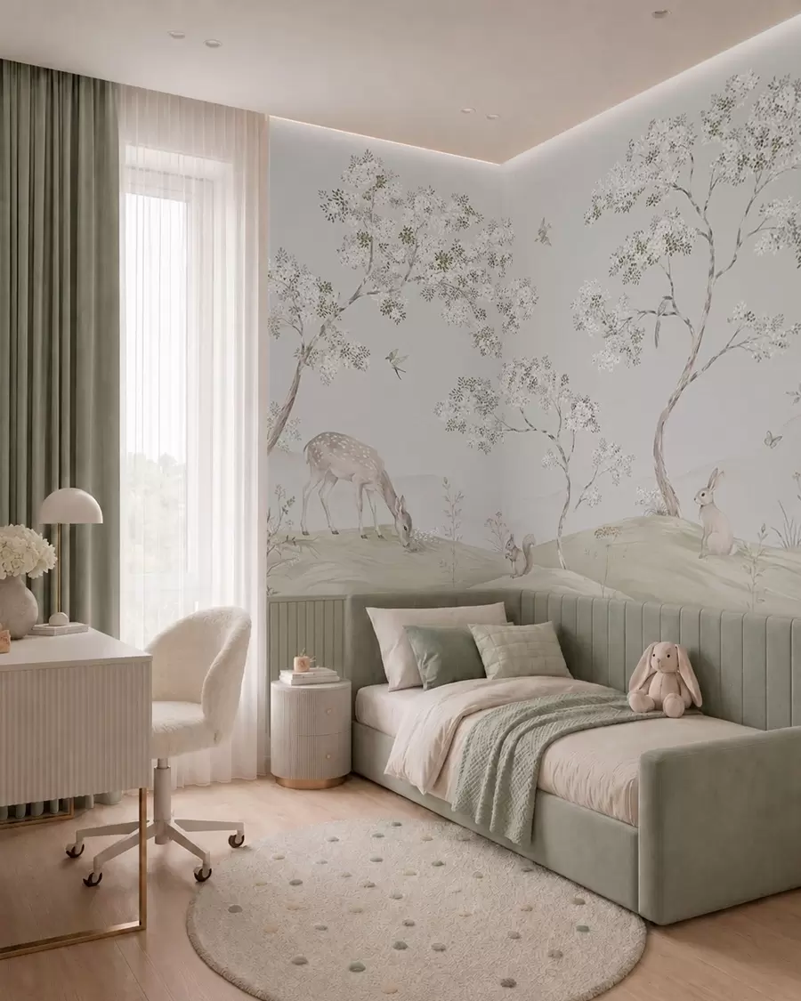 carta da parati Alberi in fiore con un cervo, una lepre e uno scoiattolo nei toni del blu nr. w05809v1
