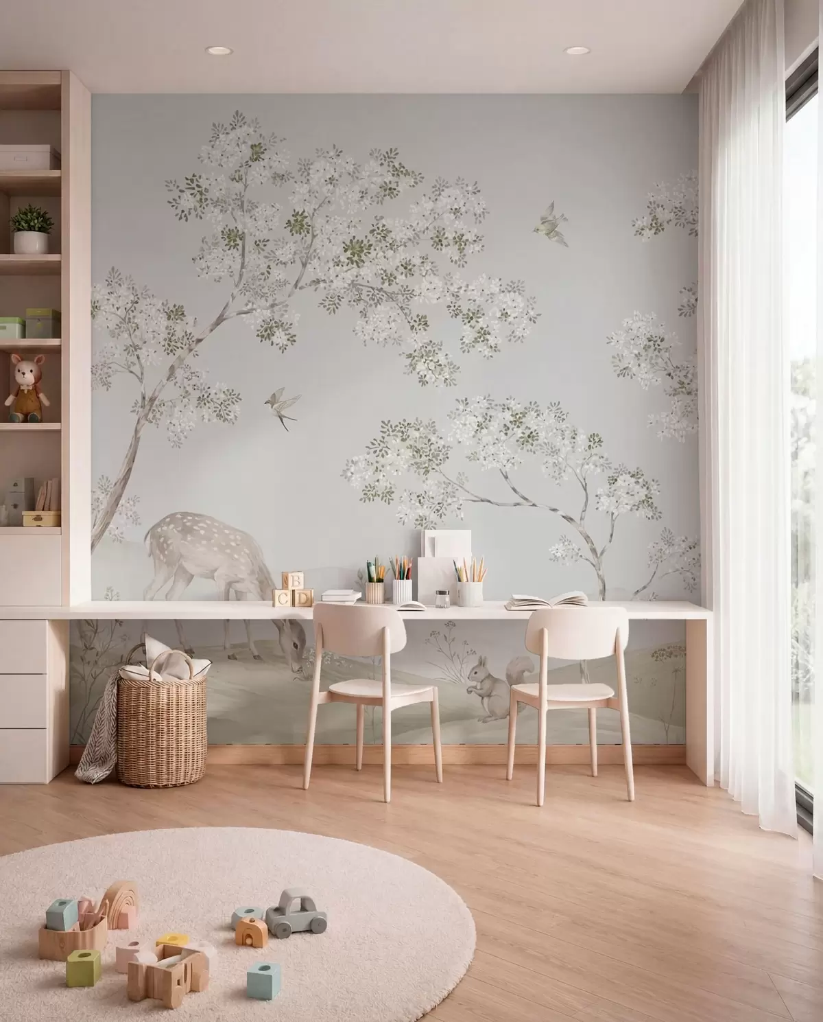carta da parati Alberi in fiore con un cervo, una lepre e uno scoiattolo nei toni del blu nr. w05809v1