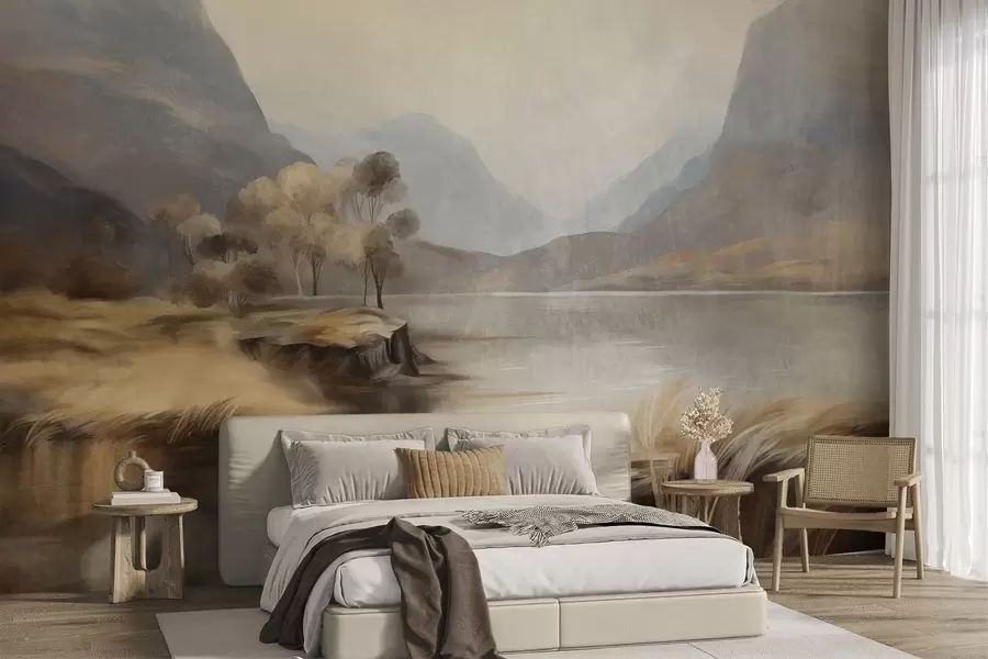 Carta da parati nature Paesaggio dai toni tenui e dalle texture variegate, lago con montagne, erba alta 