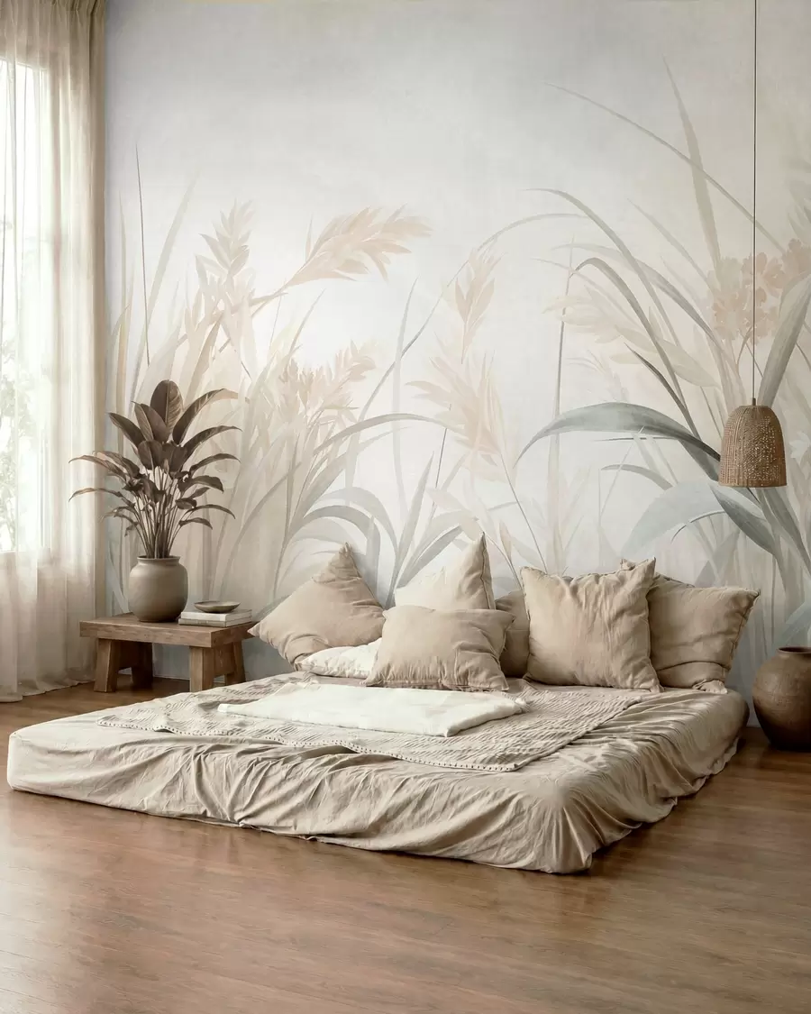 Carta da parati nature Erba alta e sottile e canne dai toni tenui e smorzati di beige, crema e verde, con una texture particolare 