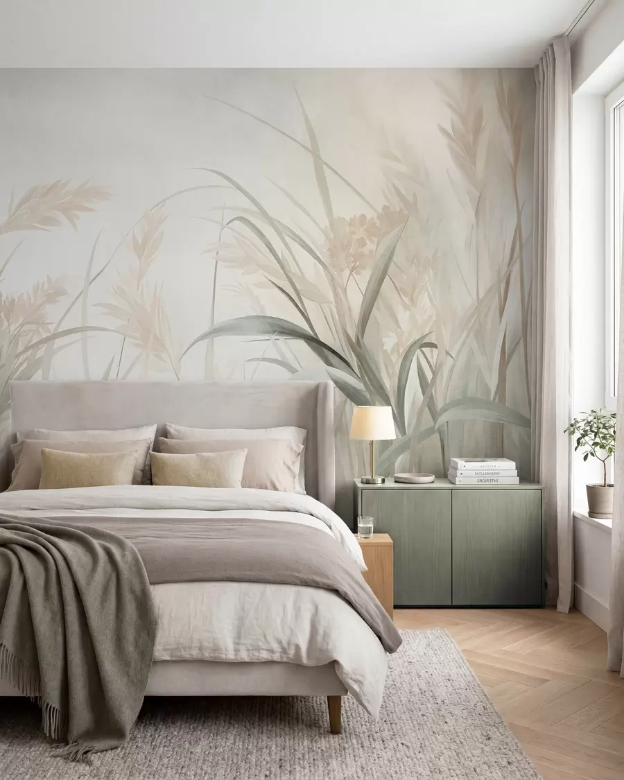 Carta da parati nature Erba alta e sottile e canne dai toni tenui e smorzati di beige, crema e verde, con una texture particolare 