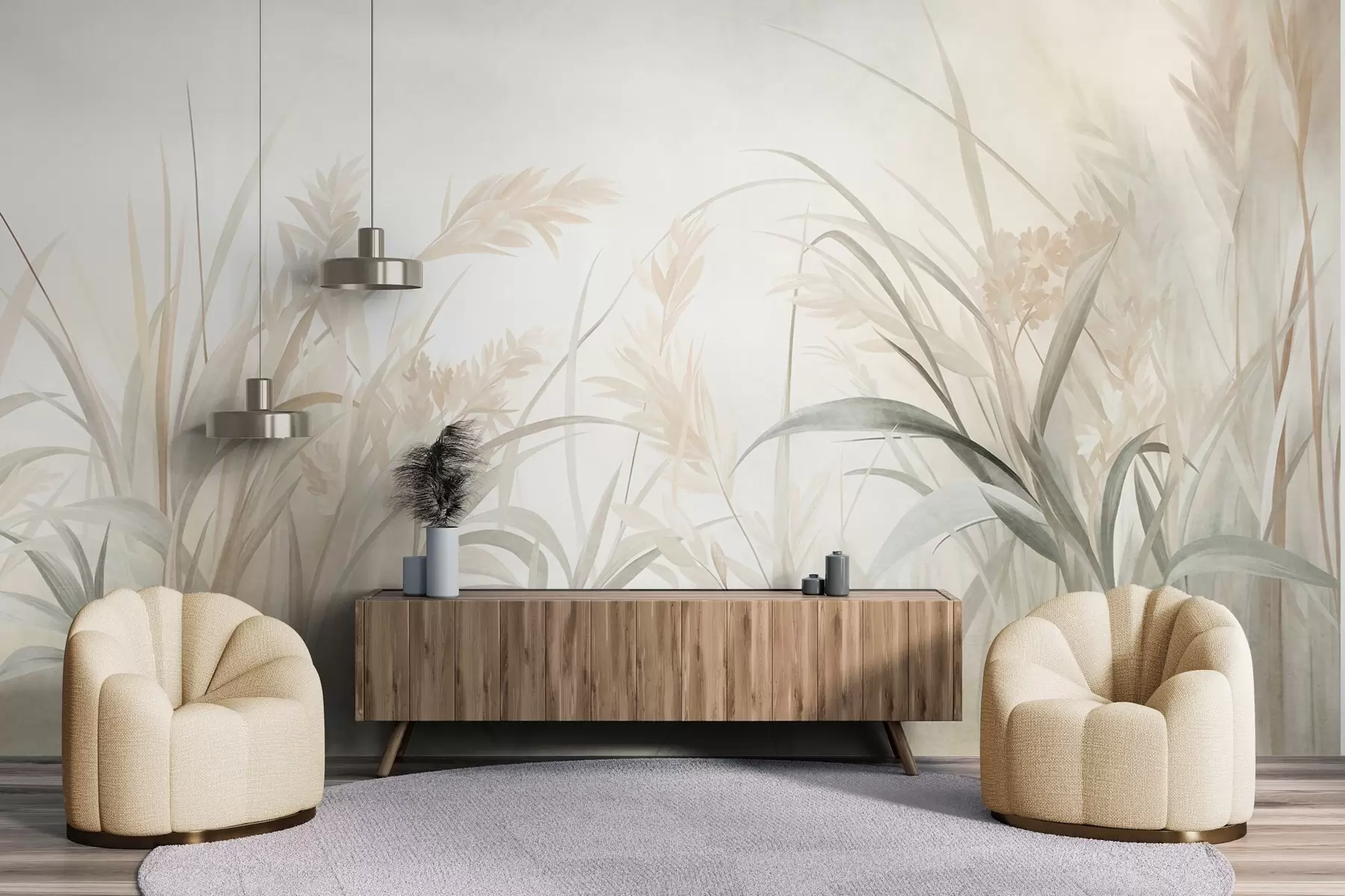 Carta da parati nature Erba alta e sottile e canne dai toni tenui e smorzati di beige, crema e verde, con una texture particolare 