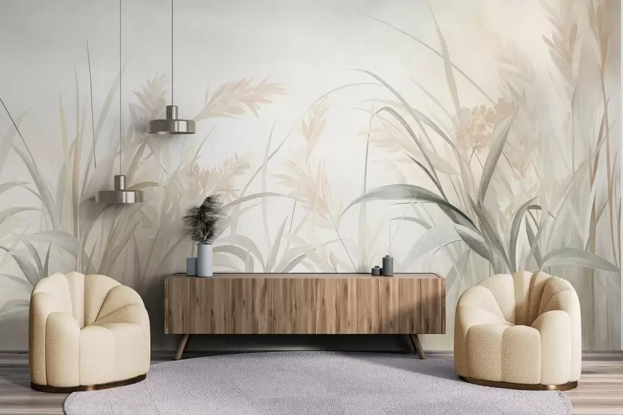 Carta da parati nature Erba alta e sottile e canne dai toni tenui e smorzati di beige, crema e verde, con una texture particolare 