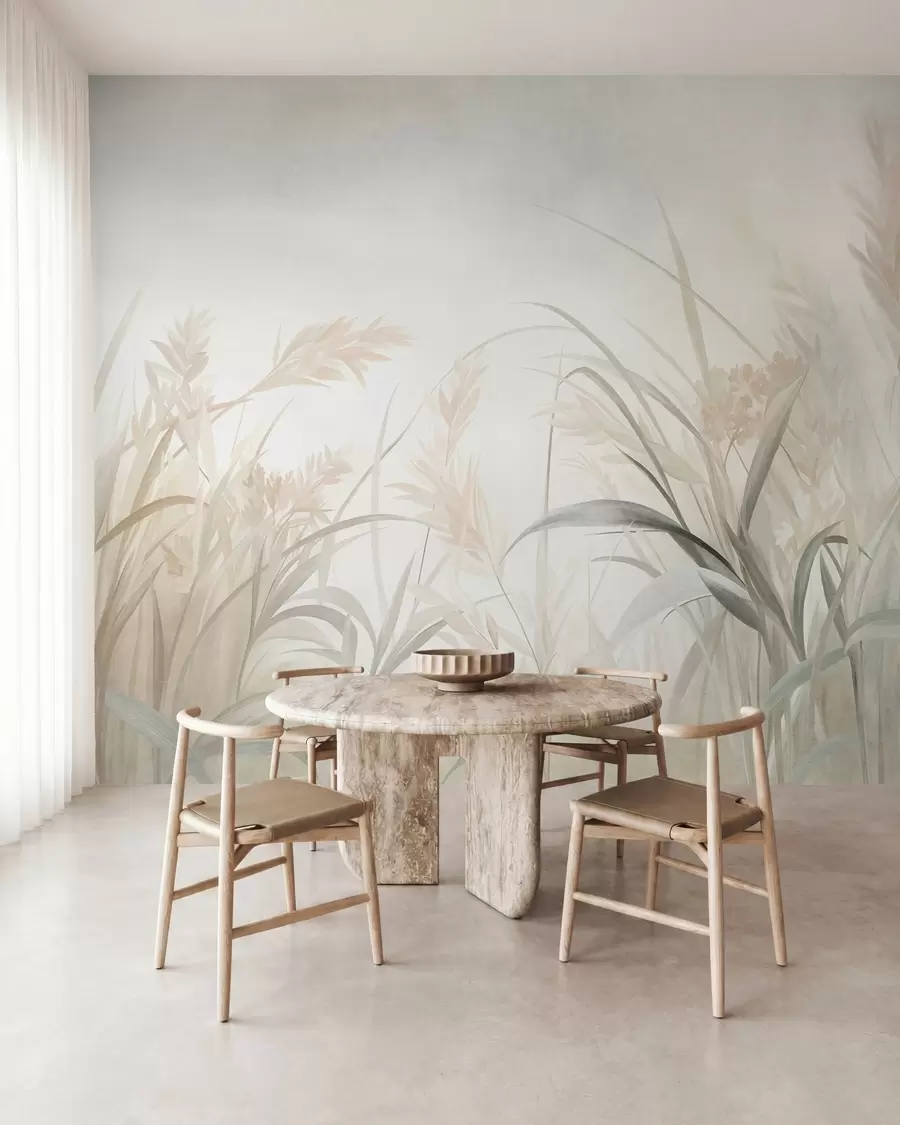 Carta da parati nature Erba alta e sottile e canne dai toni tenui e smorzati di beige, crema e verde, con una texture particolare 