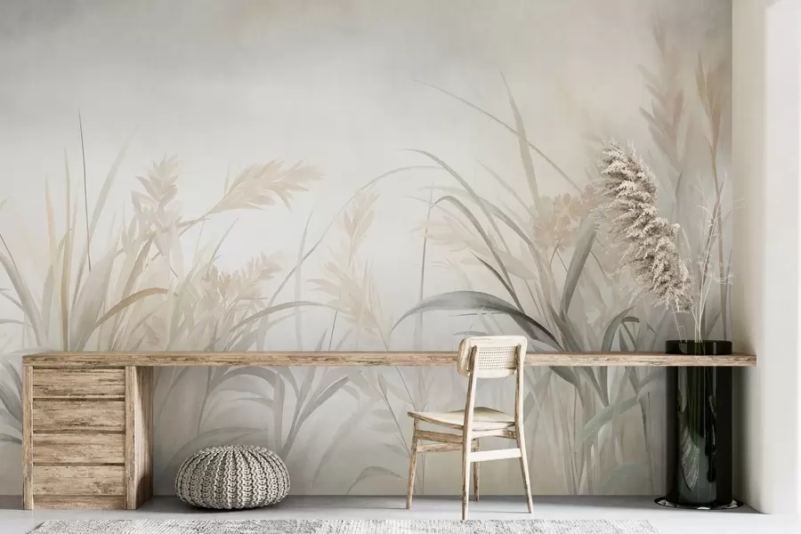 Carta da parati nature Erba alta e sottile e canne dai toni tenui e smorzati di beige, crema e verde, con una texture particolare 