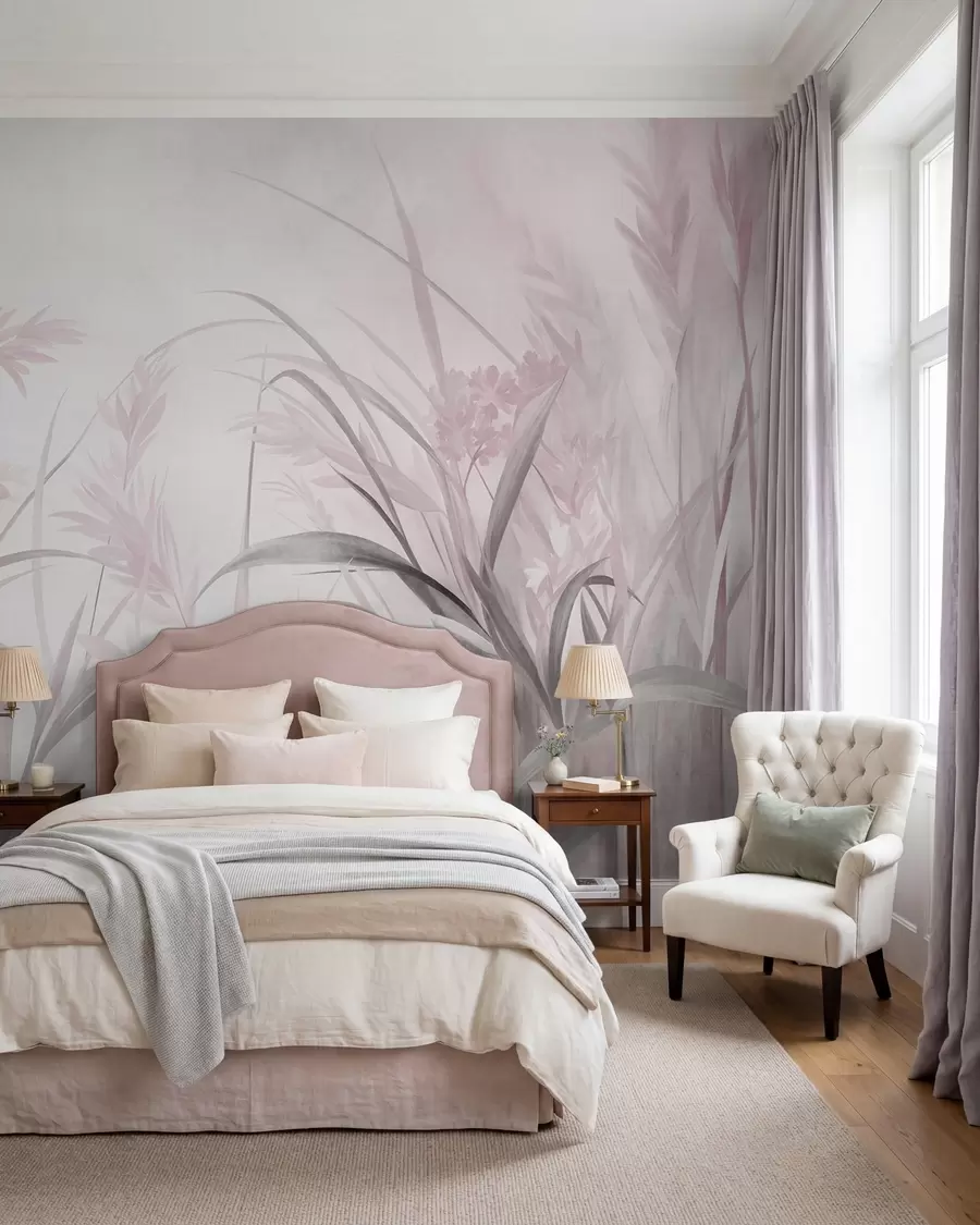 Carta da parati nature Erba alta e sottile e canne dai toni tenui e smorzati di rosa e grigio, con una texture particolare 