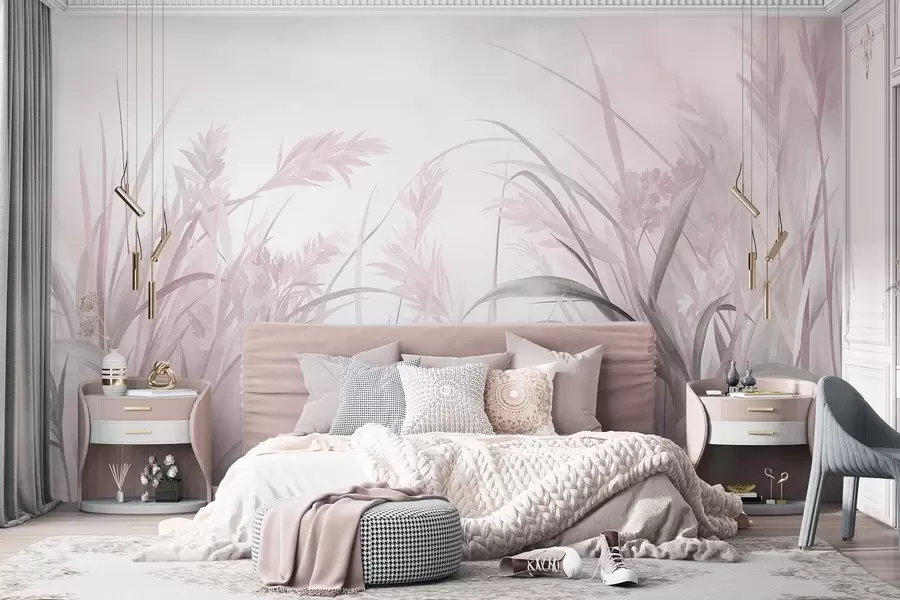 Carta da parati nature Erba alta e sottile e canne dai toni tenui e smorzati di rosa e grigio, con una texture particolare 