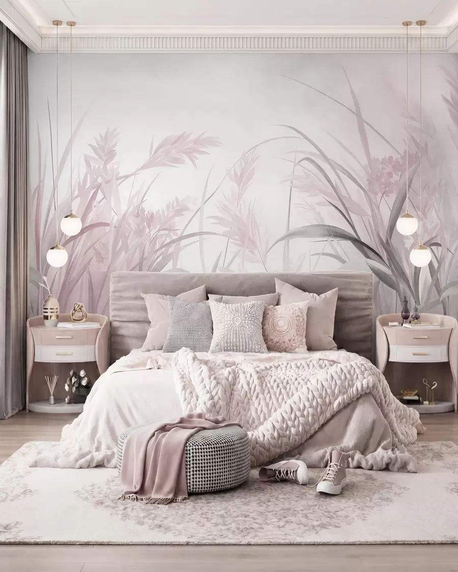 Carta da parati nature Erba alta e sottile e canne dai toni tenui e smorzati di rosa e grigio, con una texture particolare 