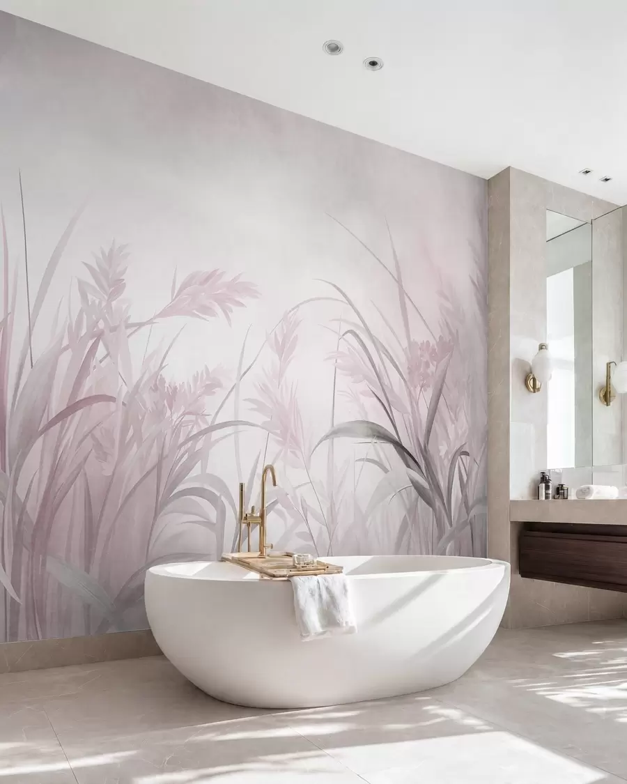 Carta da parati nature Erba alta e sottile e canne dai toni tenui e smorzati di rosa e grigio, con una texture particolare 