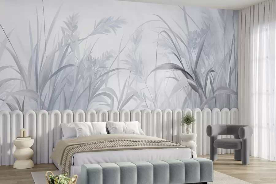 Carta da parati nature Erba alta e sottile e canne dai toni tenui e smorzati di blu e grigio, con una texture particolare 