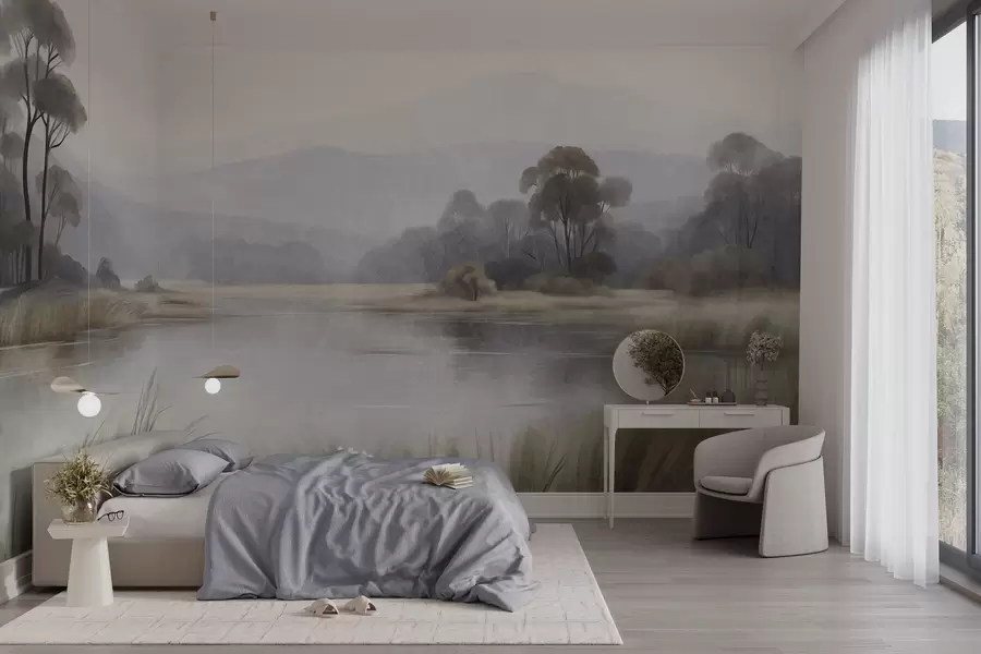 Carta da parati nature Paesaggio ricco di dettagli con un lago, erbe alte, alberi e montagne sullo sfondo 