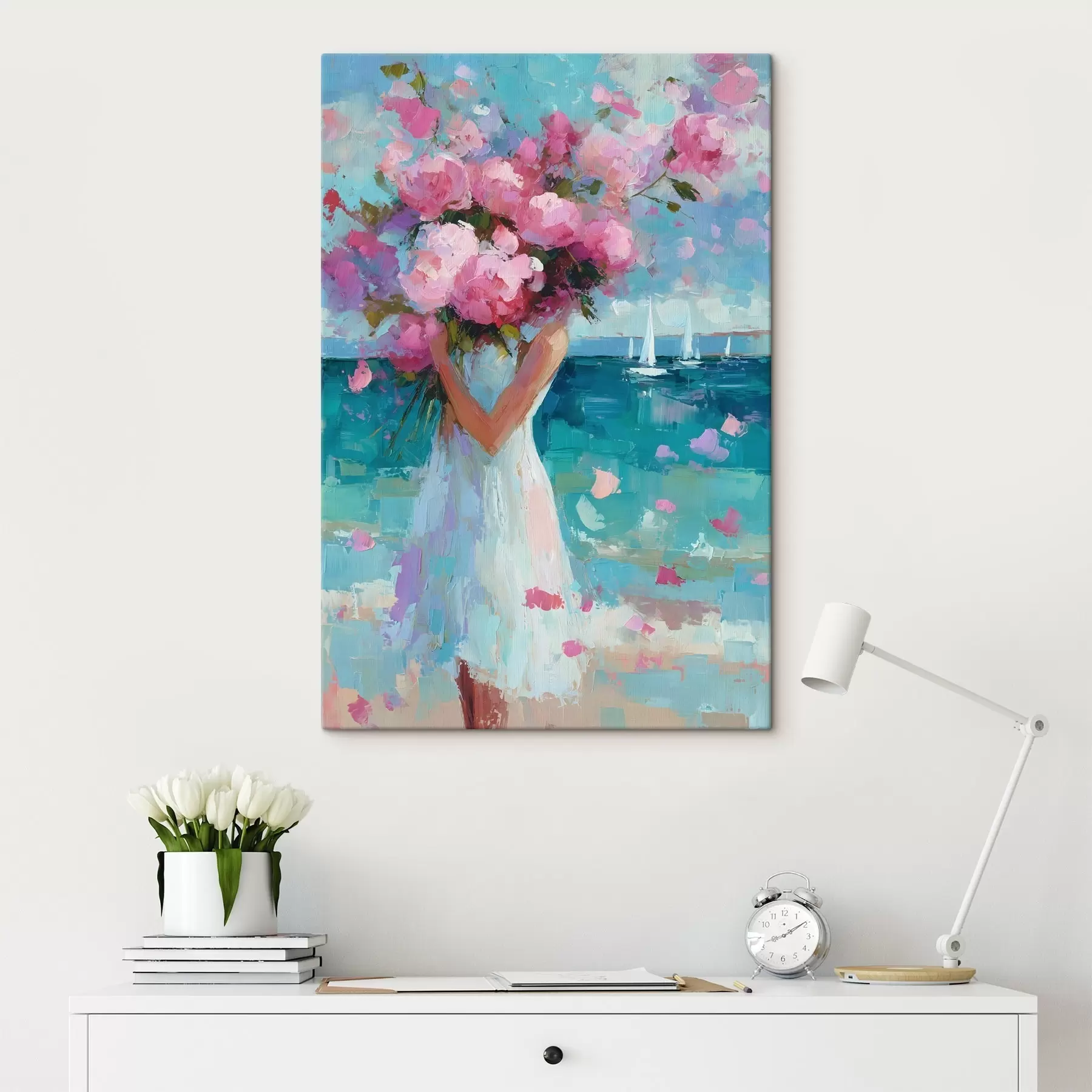 carta da parati Una ragazza con delle peonie sullo sfondo di un paesaggio marino, dipinta in stile impasto nr. s49937