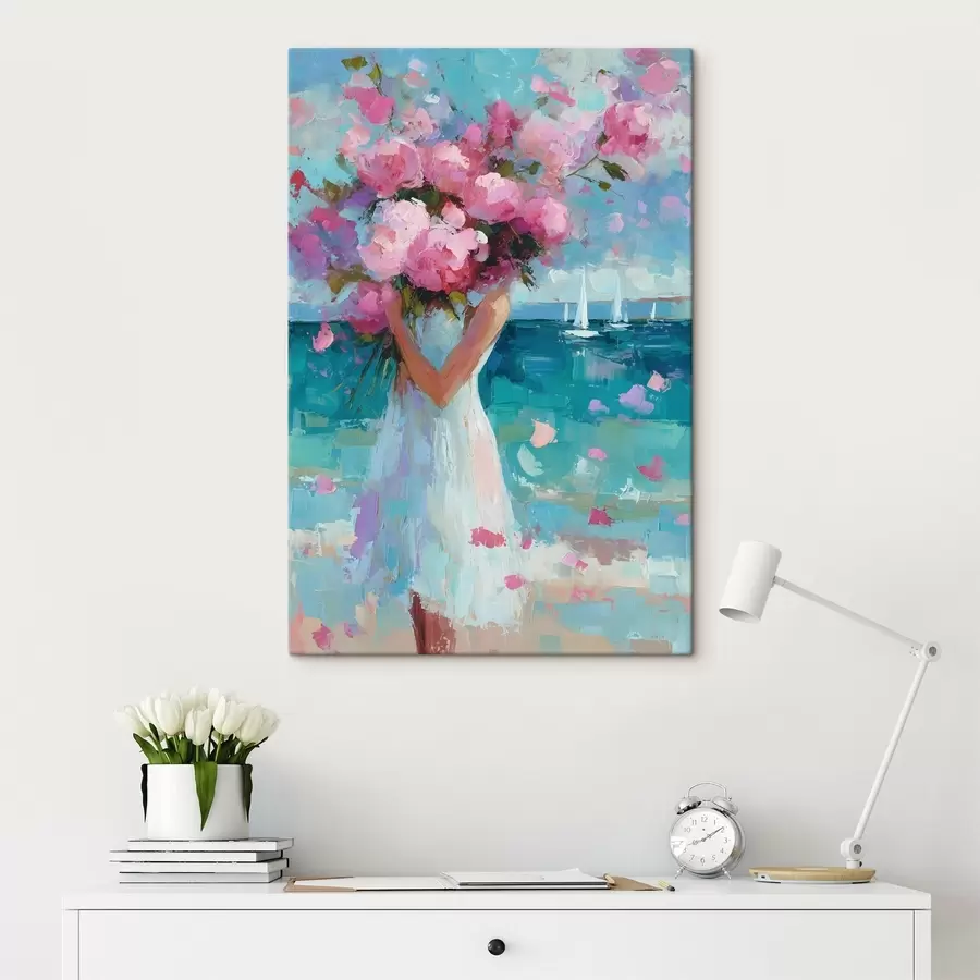 carta da parati Una ragazza con delle peonie sullo sfondo di un paesaggio marino, dipinta in stile impasto nr. s49937