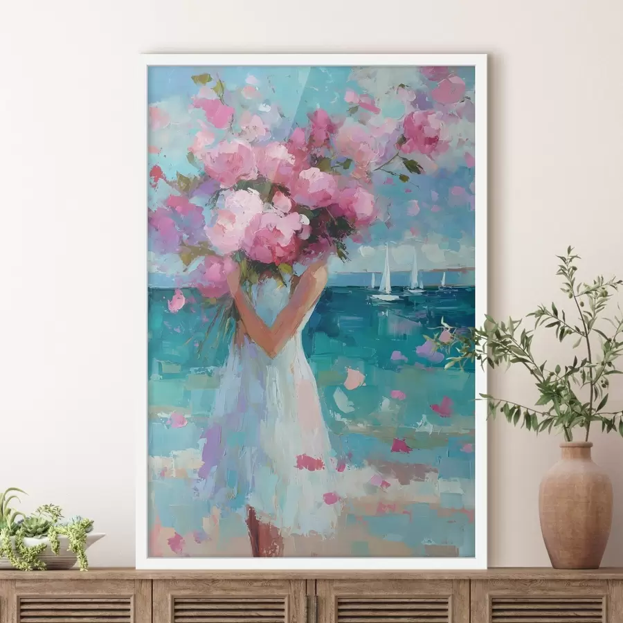 carta da parati Una ragazza con delle peonie sullo sfondo di un paesaggio marino, dipinta in stile impasto nr. f49937