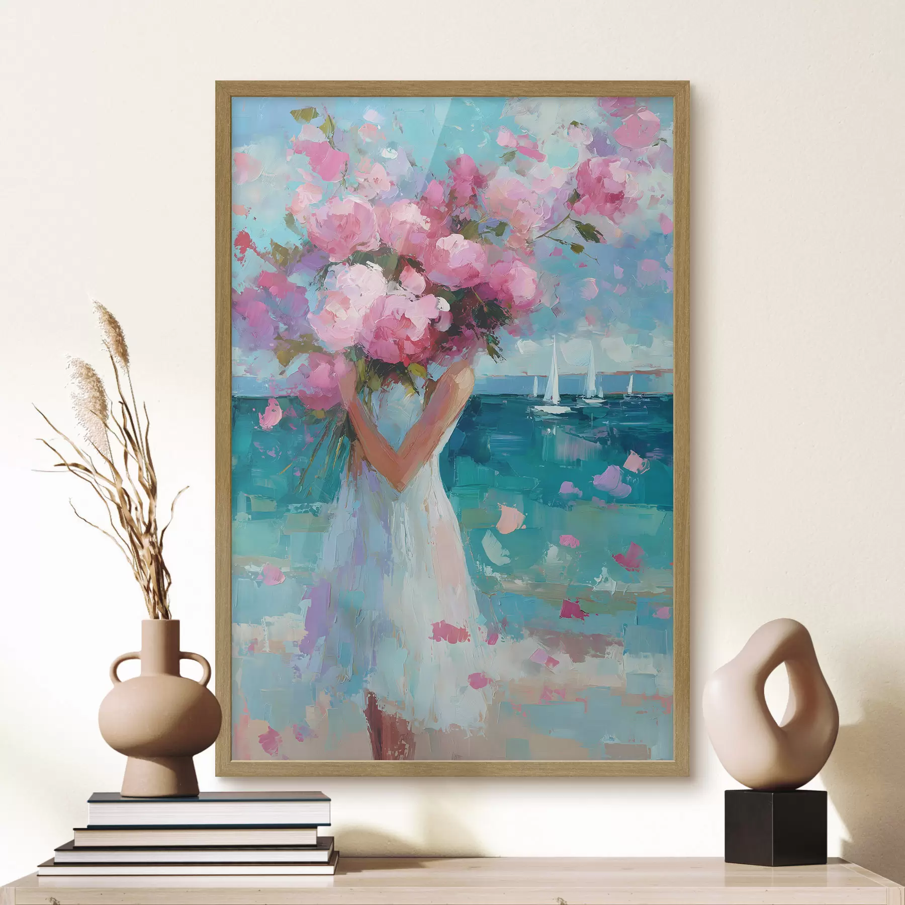 carta da parati Una ragazza con delle peonie sullo sfondo di un paesaggio marino, dipinta in stile impasto nr. f49937