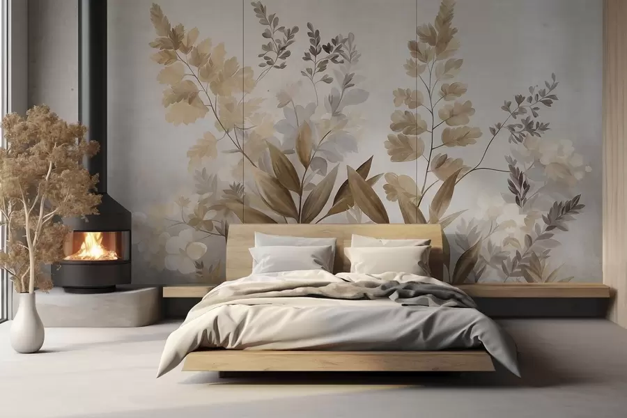 carta da parati Arte botanica con texture, varie piante e foglie nei toni del marrone e del beige nr. w09979