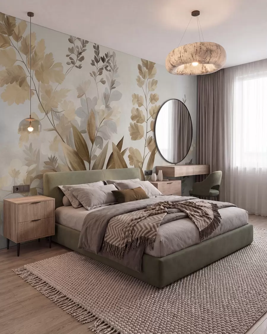 carta da parati Arte botanica con texture, varie piante e foglie nei toni del marrone e del beige nr. w09979
