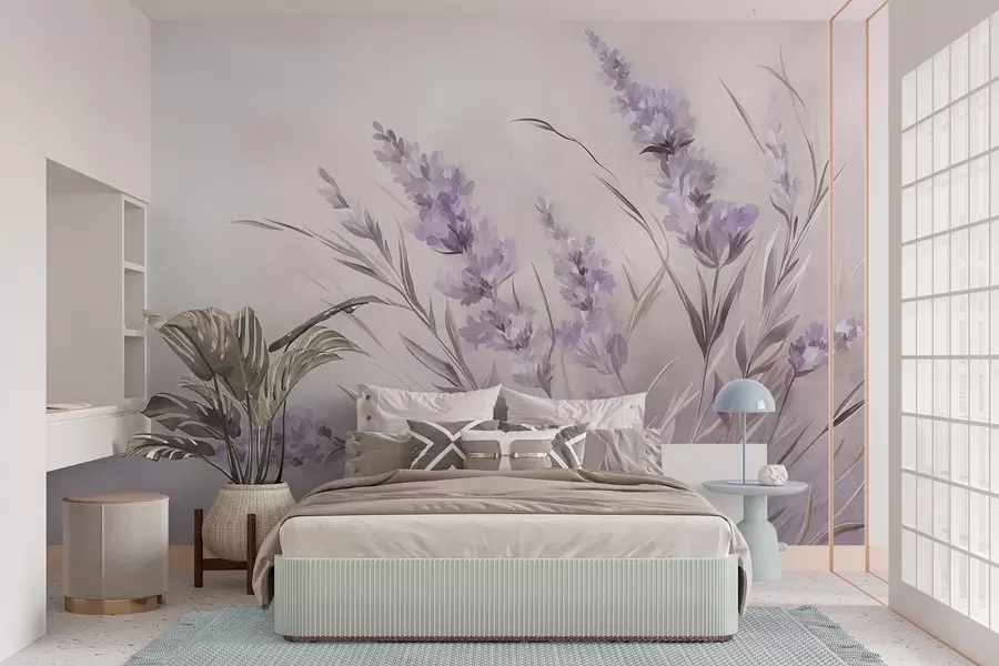 carta da parati Fiori di lavanda con steli e foglie lunghi, opera d’arte dai toni tenui e dalla texture morbida nr. w10018