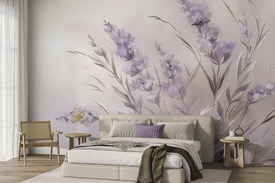 carta da parati Fiori di lavanda con steli e foglie lunghi, opera d’arte dai toni tenui e dalla texture morbida nr. w10018