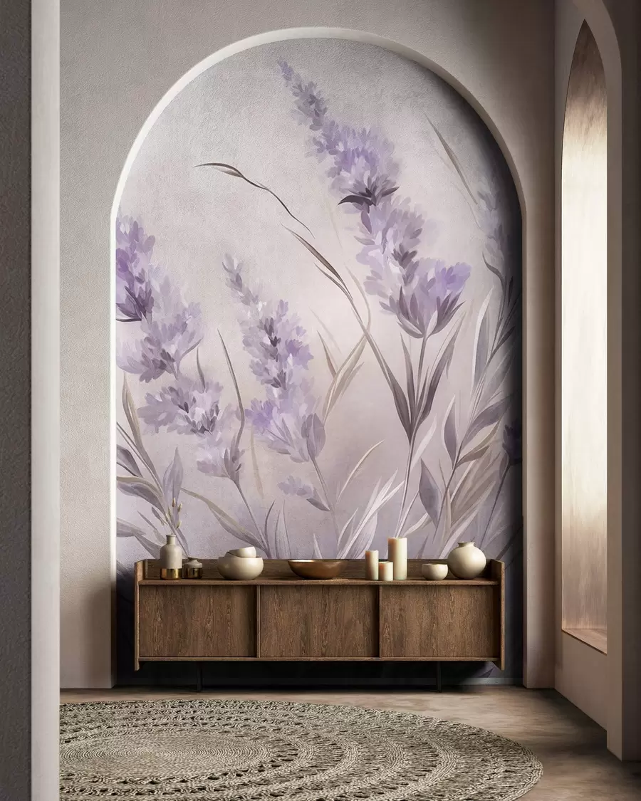 carta da parati Fiori di lavanda con steli e foglie lunghi, opera d’arte dai toni tenui e dalla texture morbida nr. w10018