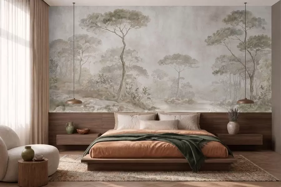 Carta da parati nature Foresta avvolta dalla nebbia accanto a acque tranquille, nei delicati toni pastello naturali 