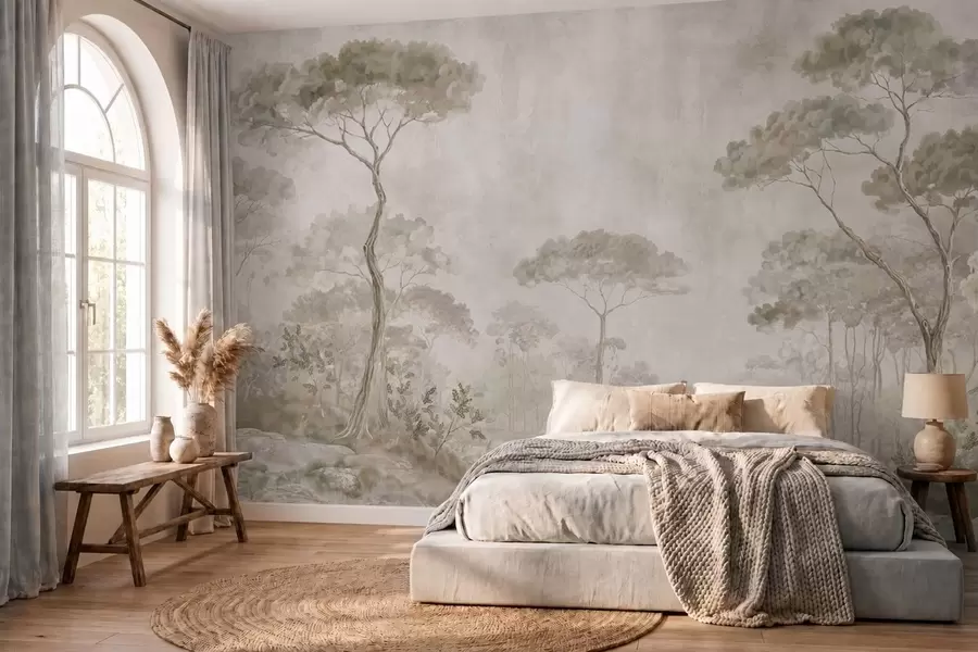 Carta da parati nature Foresta avvolta dalla nebbia accanto a acque tranquille, nei delicati toni pastello naturali 