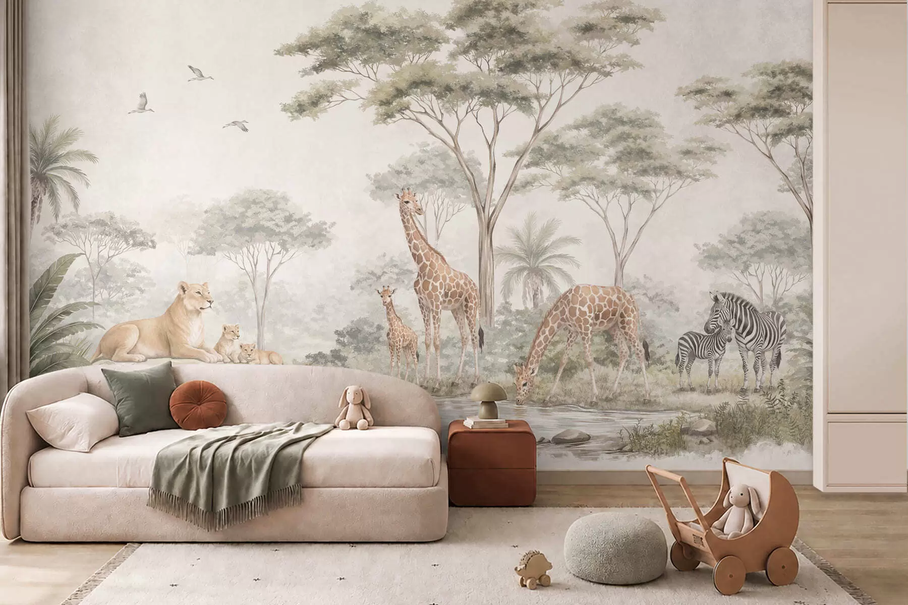carta da parati Safari con giraffe, leoni, zebre e alberi tropicali nr. w05804