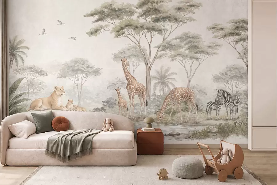carta da parati Safari con giraffe, leoni, zebre e alberi tropicali nr. w05804
