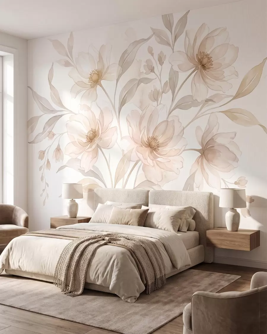 carta da parati Peonie leggere nei delicati toni del beige cipria nr. w10002