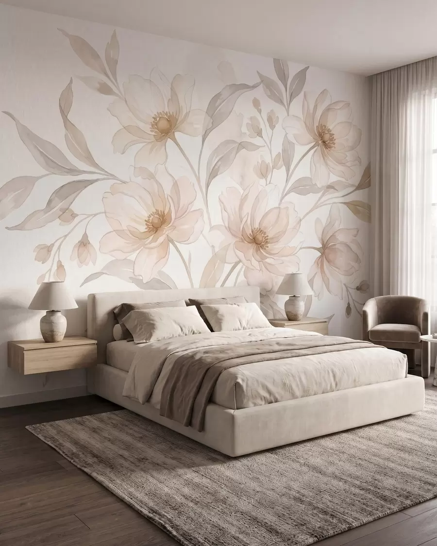 carta da parati Peonie leggere nei delicati toni del beige cipria nr. w10002