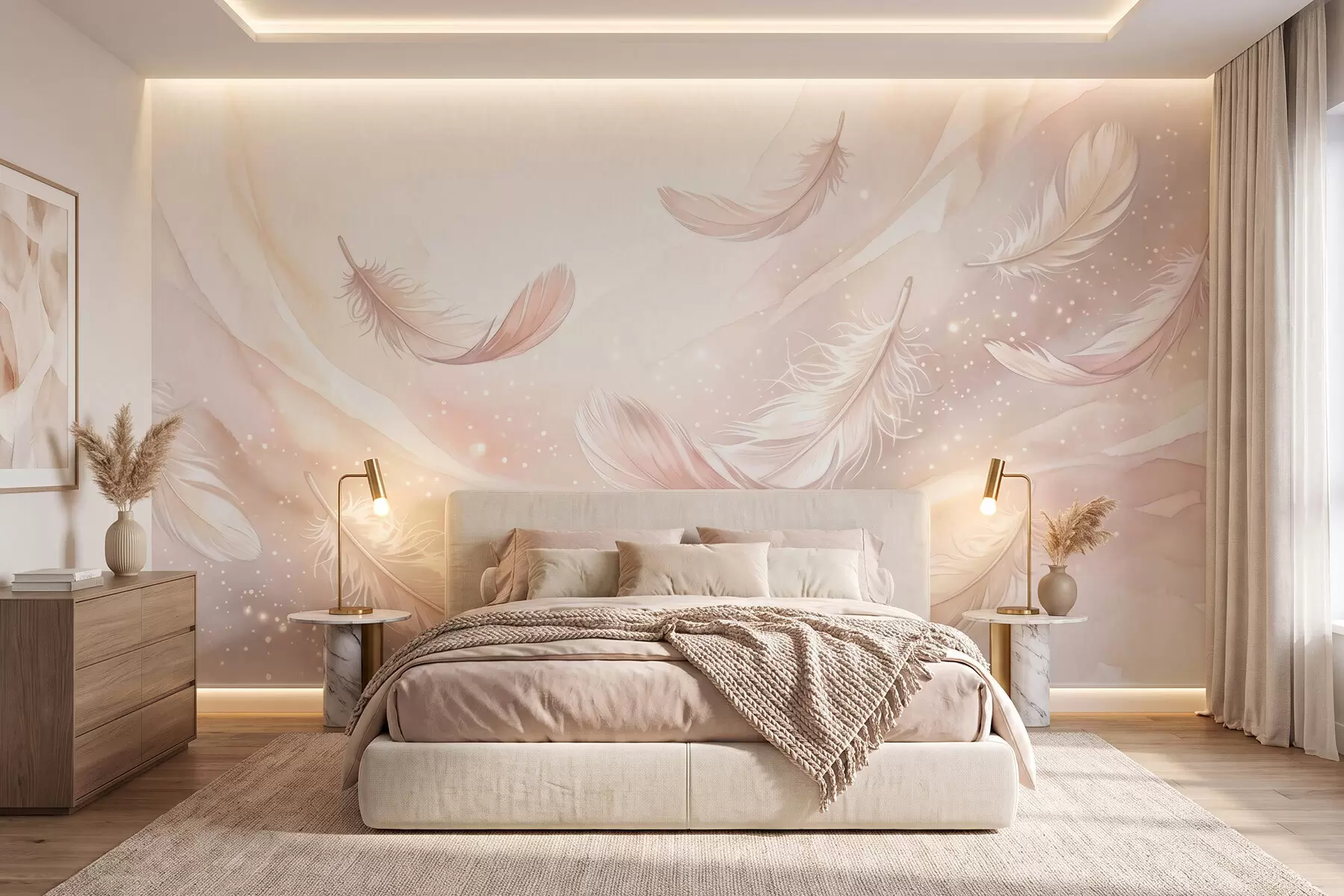 carta da parati Piume delicate e vaporose avvolte in una foschia rosa-pesca dai riflessi luccicanti nr. w10003