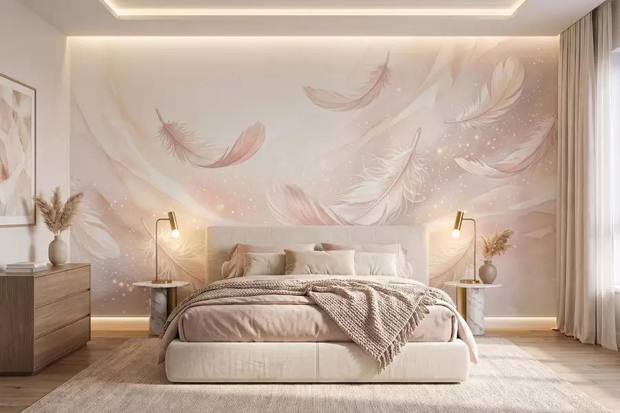 carta da parati Piume delicate e vaporose avvolte in una foschia rosa-pesca dai riflessi luccicanti nr. w10003
