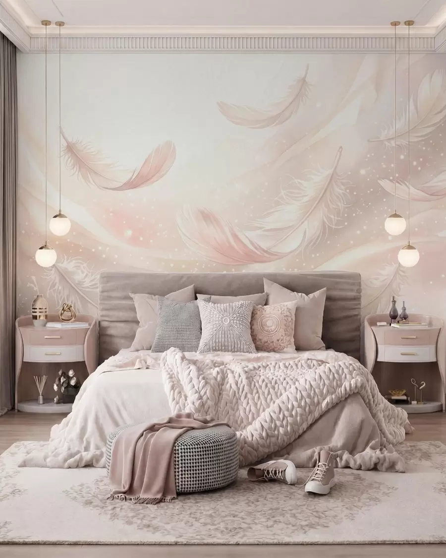 carta da parati Piume delicate e vaporose avvolte in una foschia rosa-pesca dai riflessi luccicanti nr. w10003