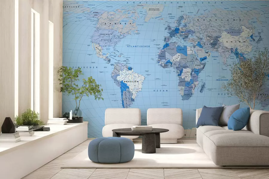 carta da parati Mappa politica del mondo in blu con bandiere, in tedesco nr. c00016dev2