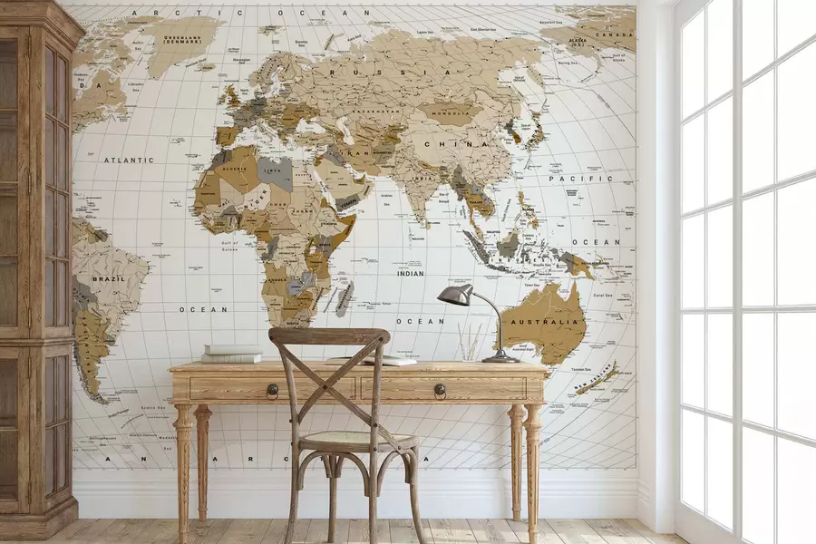 carta da parati Una mappa politica del mondo in marrone con bandiere in inglese nr. c00016en