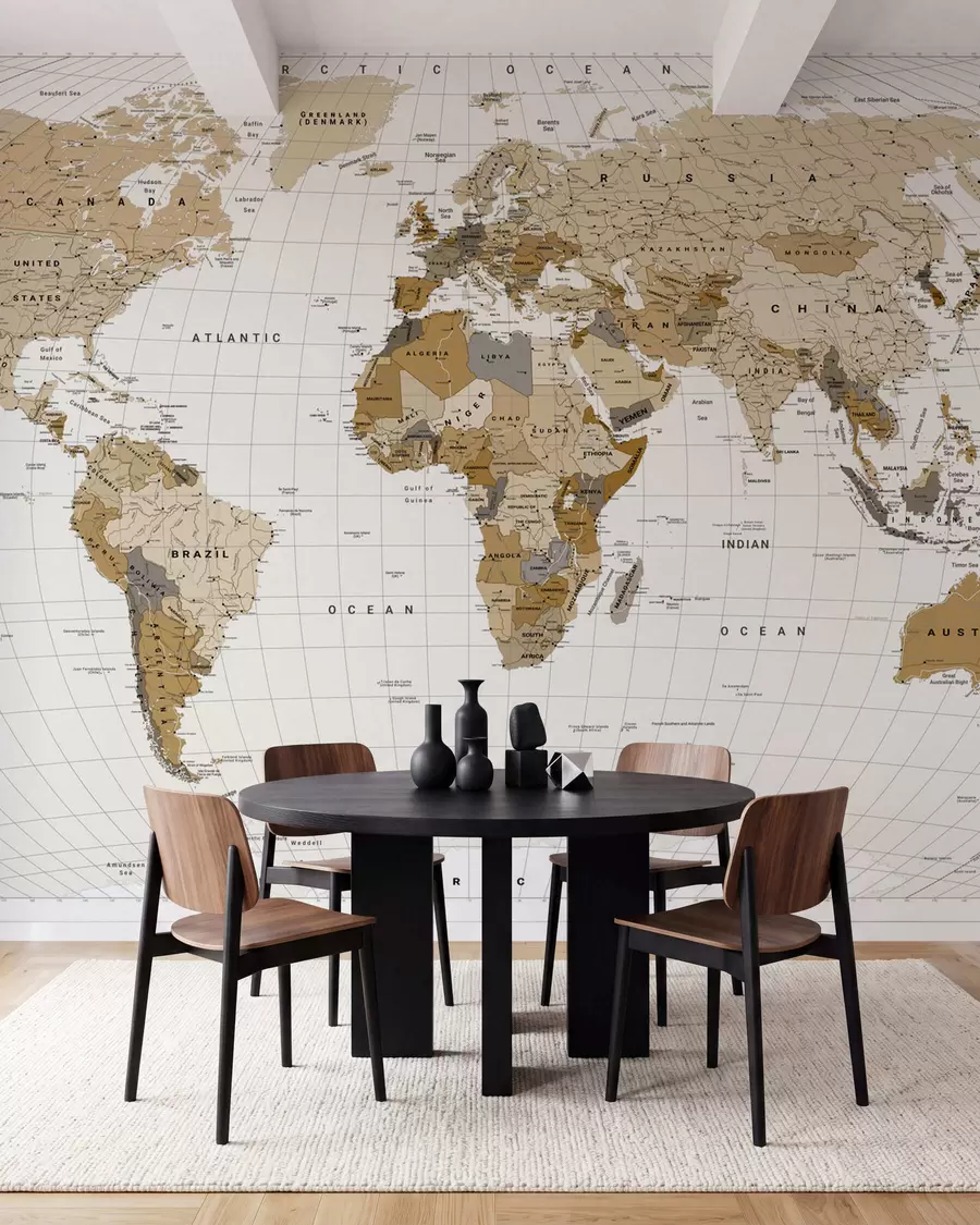 carta da parati Una mappa politica del mondo in marrone con bandiere in inglese nr. c00016en