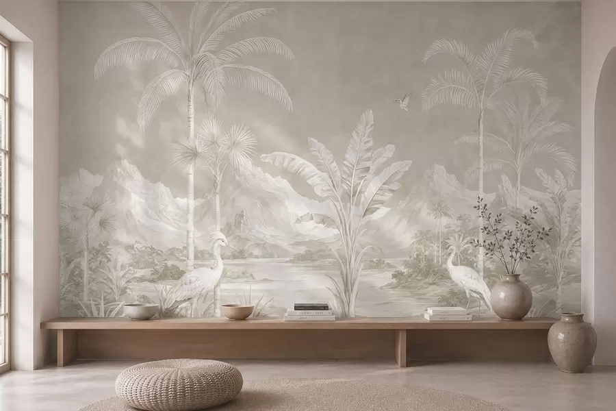 Carta da parati nature Paesaggio tropicale luminoso con palme, uccelli e montagne 