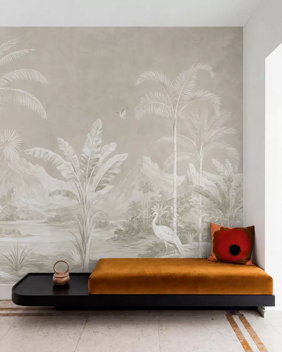Carta da parati nature Paesaggio tropicale luminoso con palme, uccelli e montagne 