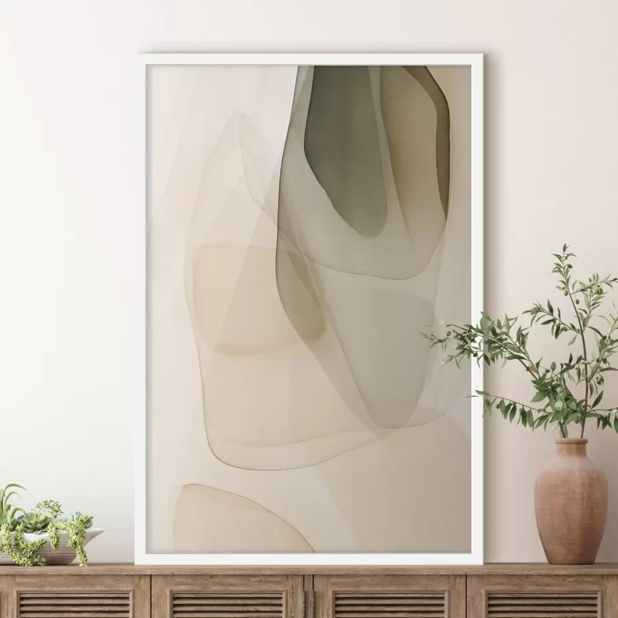 carta da parati Forme astratte e fluide, traslucide, in tenui tonalità di beige, crema e verde oliva nr. f50204