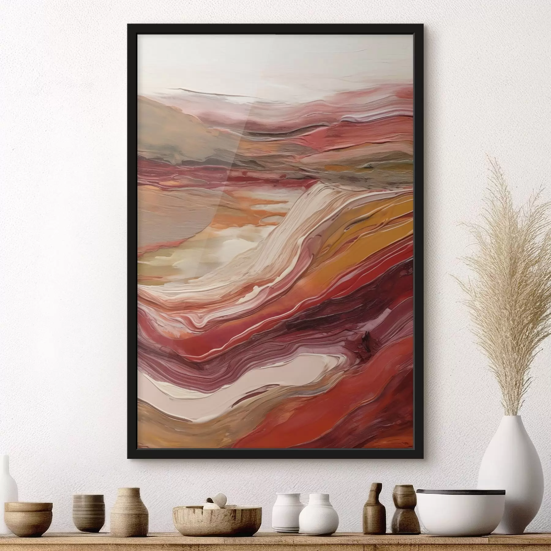 carta da parati Paesaggio astratto con strati materici di rosso, arancione e beige nr. f50216