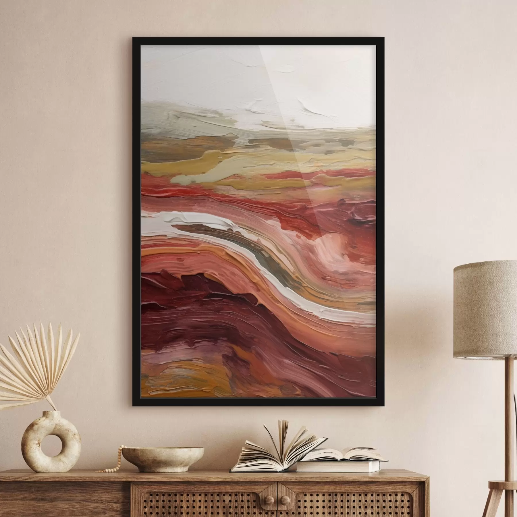 carta da parati Paesaggio astratto con strati materici di rosso, arancione e beige nr. f50217